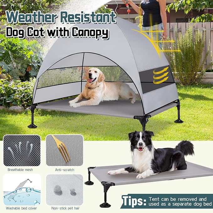Elevated Outdoor Dog Bed with Canopy &amp; Adjustable Feet - Larger Shade for Camping, Backyard &amp; Patio