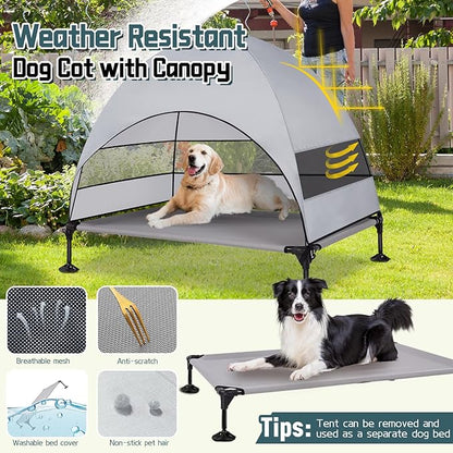 Elevated Outdoor Dog Bed with Canopy &amp; Adjustable Feet - Larger Shade for Camping, Backyard &amp; Patio