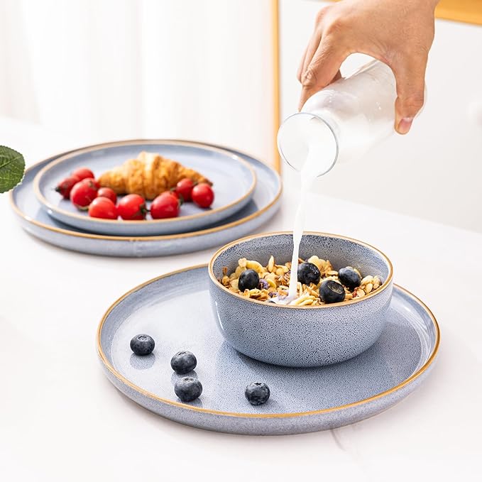 GBHOME Ceramic Dinnerware Sets for 6, 18 Pieces Stoneware Plates and Bowls Sets, Scratch Resistant Dish Sets for Dinner, Dishwasher &amp; Microwave Safe, Brunnera Blue