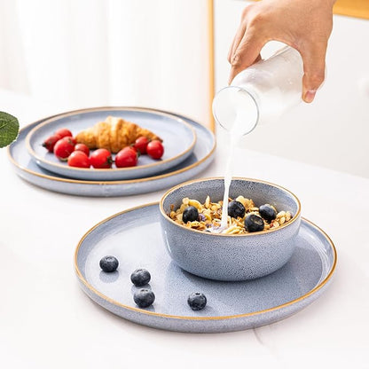 GBHOME Ceramic Dinnerware Sets for 6, 18 Pieces Stoneware Plates and Bowls Sets, Scratch Resistant Dish Sets for Dinner, Dishwasher &amp; Microwave Safe, Brunnera Blue