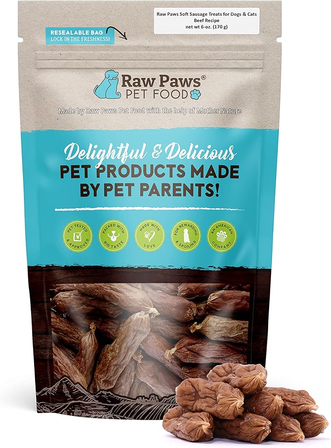 Raw Paws Grain-Free Soft Sausage Treats for Dogs &amp; Cats - Beef Recipe, 6-oz - Made in USA - Great for Training Puppies or as a Reward - Beef Jerky for Dogs - Soft Cat Treats