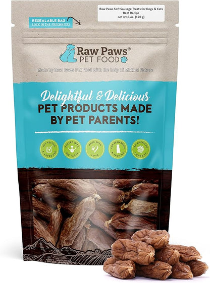Raw Paws Grain-Free Soft Sausage Treats for Dogs &amp; Cats - Beef Recipe, 6-oz - Made in USA - Great for Training Puppies or as a Reward - Beef Jerky for Dogs - Soft Cat Treats