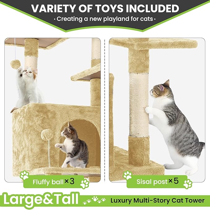 69in Large Cat Tree Tower for Indoor Cats with Soft Plush Hang Ball, Two Condos, Sisal Scratch Posts &amp; Rope Play for Kittens/Adult Cats, Beige