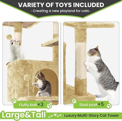 69in Large Cat Tree Tower for Indoor Cats with Soft Plush Hang Ball, Two Condos, Sisal Scratch Posts &amp; Rope Play for Kittens/Adult Cats, Beige