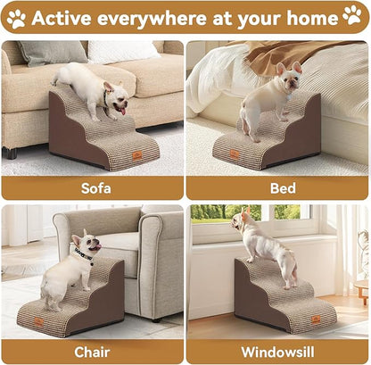 Dog Ramp and Stair for Bed 16" H-20 H,3-Step Cat Stair for Sofa and Chair,4-Step Dog Ramp for High Bed and Window,Durable Nonslip Fabric Cover for Indoor (Coffee-16 H, Pet Friendly, 3)