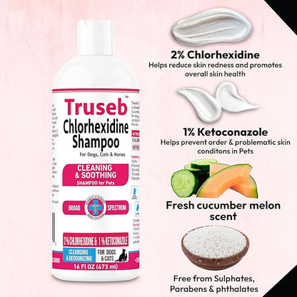 Truseb Topical Ketoconazole and Chlorhexidine Shampoo for Dogs, Cats, and Horses with Aloe - 16 oz (Ketoconazole &amp; Chlorhexidine Shampoo, 16 oz)