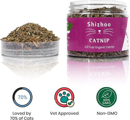 Catnip for Cats with Leaves and Flowers 100% Natural and Organic Catnip Premium Cat Nip for Cats &amp; Kittens Used as a Snack or Refillable Catnip Treats for Cats (1/2 Cup, 2 Ounces)