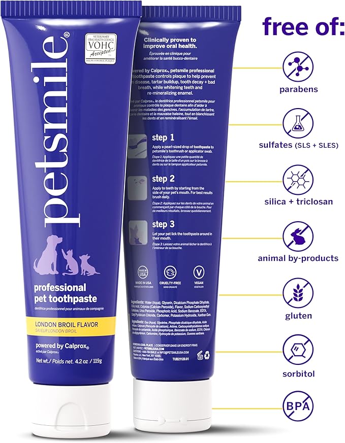 Petsmile Professional Pet Toothpaste for Cats &amp; Dogs - Only VOHC Accepted Toothpaste - Clinically Proven to Control Plaque &amp; Tartar Calprox Formula (London Broil, 4.2 Oz)