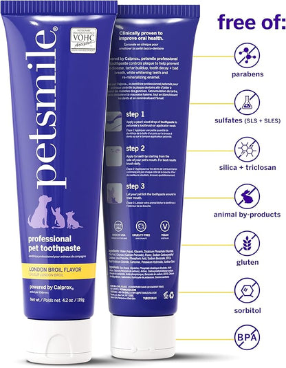 Petsmile Professional Pet Toothpaste for Cats &amp; Dogs - Only VOHC Accepted Toothpaste - Clinically Proven to Control Plaque &amp; Tartar Calprox Formula (London Broil, 4.2 Oz)