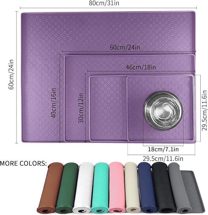 Ptlom Silicone Dog Food Mat Waterproof Pet Feeding Mat with High-Lips, Anti-Slip Dog Bowl Mat for Food &amp; Water, Non-Spill Puppy Feeding Tray for Small, Medium &amp; Large Dogs and Cats, Purple