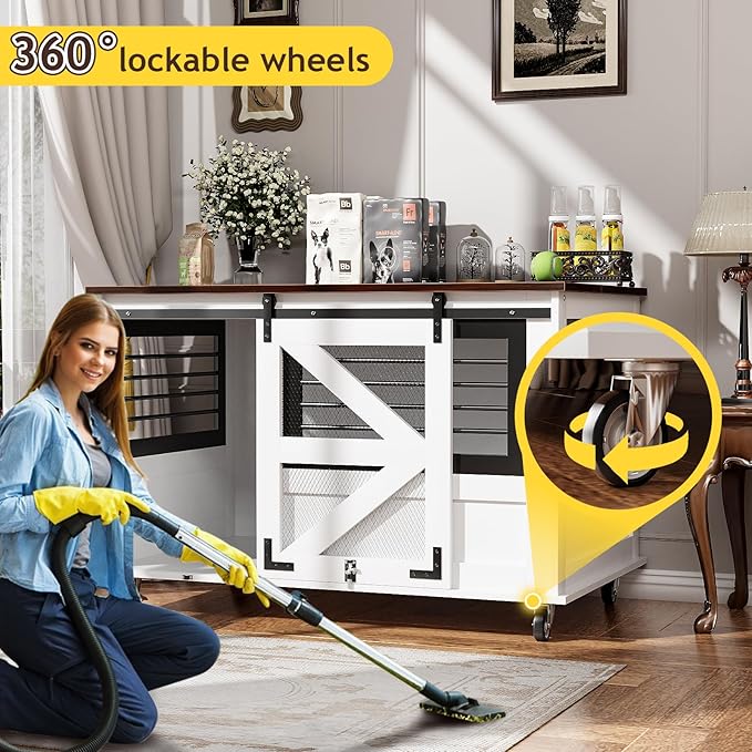 47 inch XL Dog Crate Furniture with Top-Access Teasing/Feeding Doors, Farmhouse Wooden Decorative Dog Crates with Wheels, Chew-Resistant Dog Crates End Table for Medium&amp;Large Dogs, White