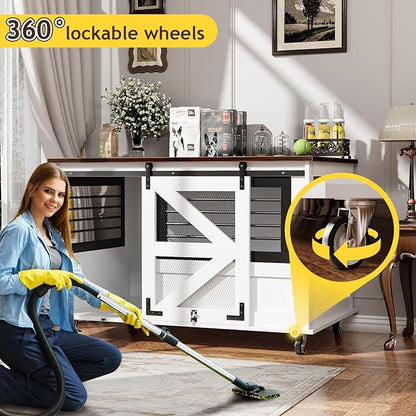 47 inch XL Dog Crate Furniture with Top-Access Teasing/Feeding Doors, Farmhouse Wooden Decorative Dog Crates with Wheels, Chew-Resistant Dog Crates End Table for Medium&amp;Large Dogs, White