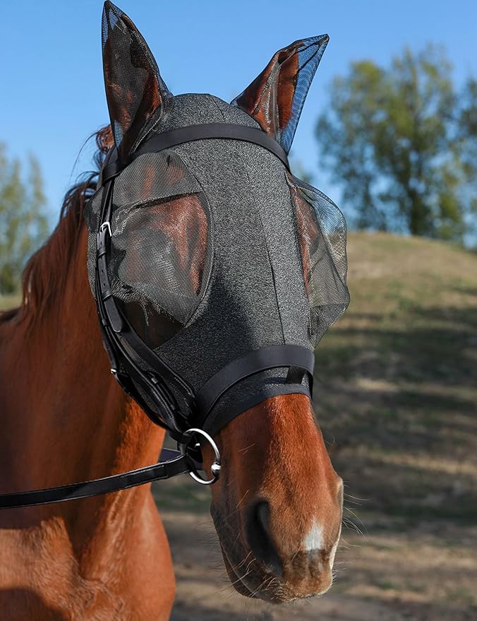Horse Fly Mask with Ears, UV Protection Mask for Horses, Elasticity Mask with Big Mesh Eye Covers, Snug Fitting Comfortable Breathable Lightweight Dappled Gray Full Size