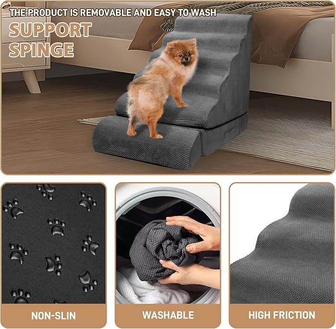 Soft Dog Stairs &amp; Steps for High Beds 24-28 Inches Tall for Small Dogs, LitaiL Pet Stairs/Steps for Beds 28 Inches High, Non-Slip Dog Ramps for Older Cats