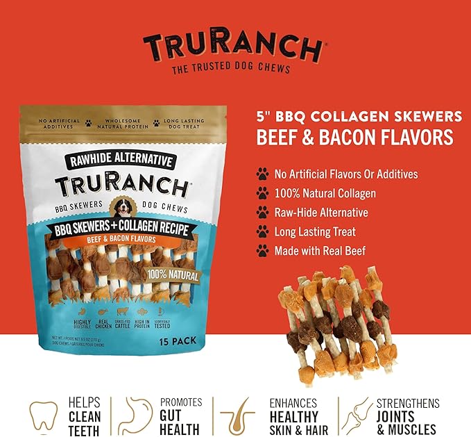 5" BBQ Collagen Skewers - Collagen Dog Chews - Long Lasting Healthy Joint Support Dog Treat - Rawhide Alternative - Skin &amp; Coat Health, 1 Bag, 15 Count