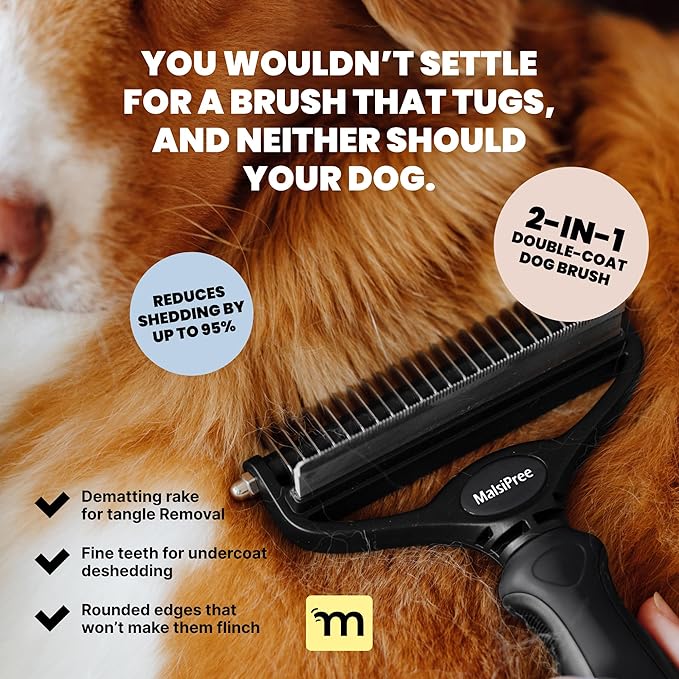 MalsiPree Dog Brush - Large, Black - 2-in-1 Undercoat Rake &amp; Dematting Rake - Shedding Brush &amp; Deshedding Tool for medium to Large Double-Coated Dogs &amp; Cats