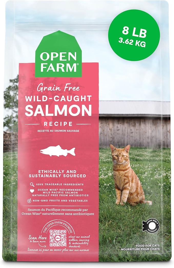 Open Farm, Grain Free Dry Cat Food, High-Protein Kibble for a Complete &amp; Balanced Diet, Non-GMO Fruits &amp; Vegetables, Prebiotic Fibers to Support Digestion, Wild-Caught Salmon Recipe, 8lb Bag