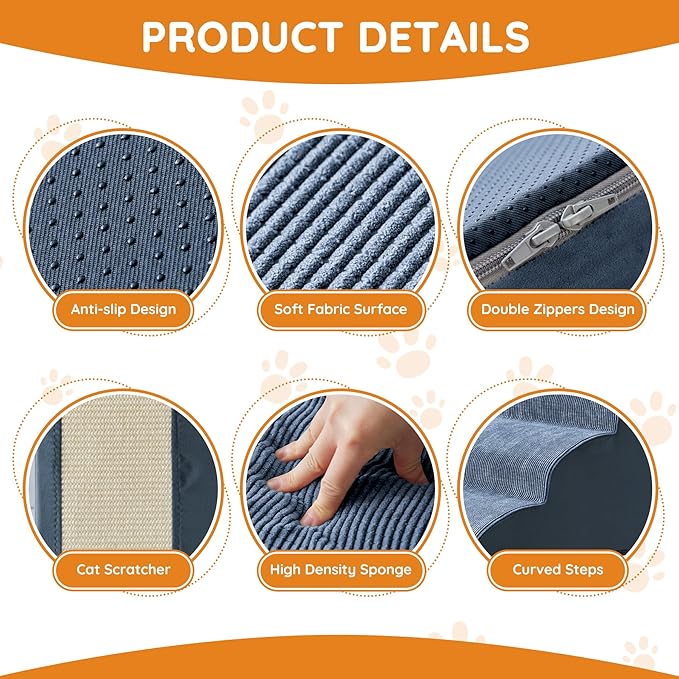 Navy Portable 2-Step Dog &amp; Cat Step for Bed, Couch, Sofa &amp; Chairs - Non-Slip, High Density Foam