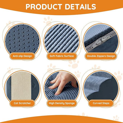 Navy Portable Pet Steps - 4-Step Dog &amp; Cat Ramp for Bed, Couch, Sofa &amp; Chairs - Non-Slip, High Density Foam