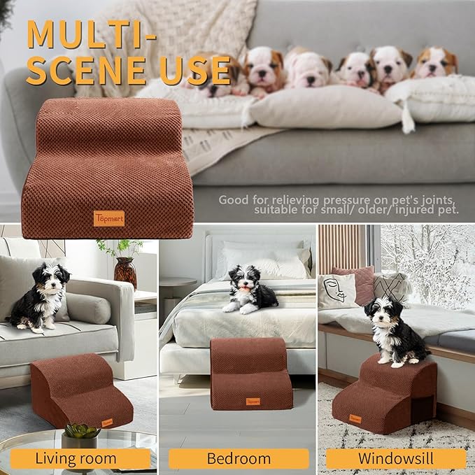Topmart High Density Foam Pet Steps 2 Tiers,11.8" High,Non-Slip Dog Stairs &amp; Ramp,Soft Foam Dog Ladder,Best for Injured,Older Cats,Pets with Joint Pain,Suitable for Low Sofas,Stairs,Lower Place