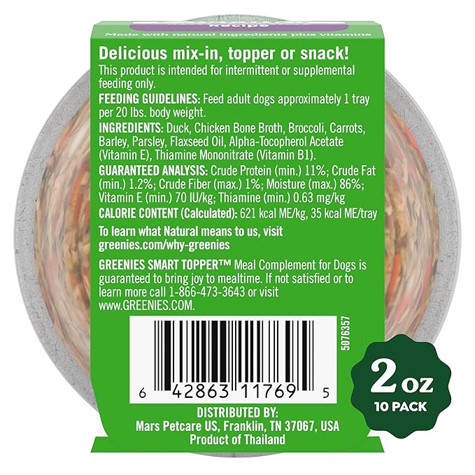 Greenies Smart Topper High Protein Wet Mix-in for Dogs, Duck, Broccoli, Carrots &amp; Barley Recipe in Vitabroth Broth - Bone Broth + Vitamins E &amp; B1, 10 Count