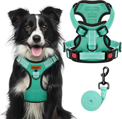 MIDOG No-Pull Dog Harness | Adjustable &amp; Reflective Pet Harness Leash Set for Small Medium Large Dogs Walking, Training| No Choke, Front Clip, Soft Padded Vest with Easy Control Handle - Green, XL