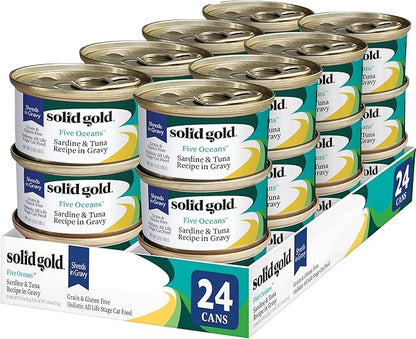 Solid Gold Wet Cat Food Shreds in Gravy - Healthy Canned Cat Food Made w/Real Tuna, Sardine, Vitamins, Minerals &amp; Taurine - Grain Free &amp; Gluten Free Canned Meals for Cats &amp; Kittens - 24ct/3oz Can