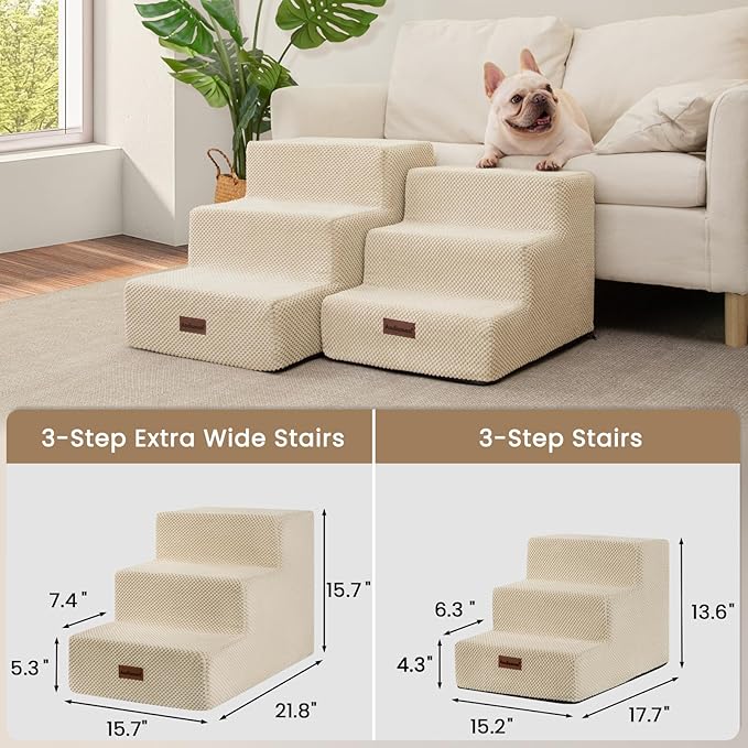 Dog Stairs for Small Dogs &amp; Cats, 3-Step Non-Slip Pet Steps for Couch Sofa and Chair, Beige, 13.6" H