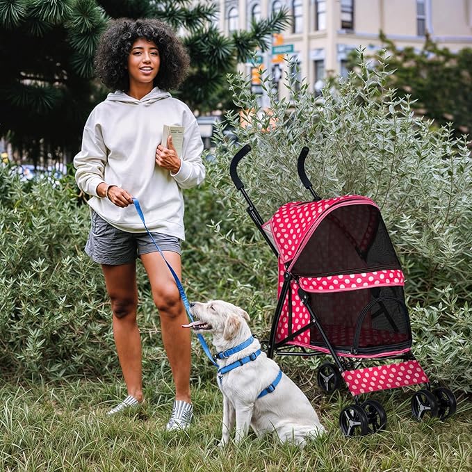 MoNiBloom 4 Wheels Pet Stroller, Easy-Fold Umbrella Shaped Dog Cat Jogger Stroller w/Storage Bag &amp; Visible Mesh for Small/Medium Dogs Cats Hot Pink Polka Dots