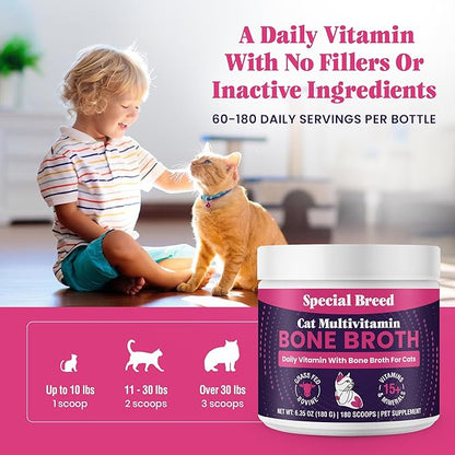 Cat Multivitamin with Grass-Fed Beef Bone Broth – Daily Supplement for Immune, Joint, Skin, Coat &amp; Gut Health – Omega 3s, Lysine, Beta Glucan, Vitamins A-E, C, D – 180 Day Supply – No Fillers