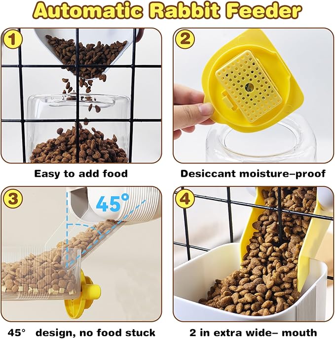 kathson Automatic Rabbit Feeder and Waterer Set, Gravity Pet Food Water Dispenser Bunny Pellet Feeder Small Animal Feeding &amp; Watering Supplies for Guinea Pig Ferret Crate Accessories (Yellow)