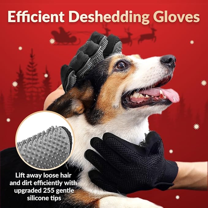 Upgrade Version Pet Grooming Glove - Gentle Deshedding Brush Glove - Efficient Pet Hair Remover Mitt - Enhanced Five Finger Design - Perfect for Dog &amp; Cat with Long &amp; Short Fur - 1 Pair (Gray)