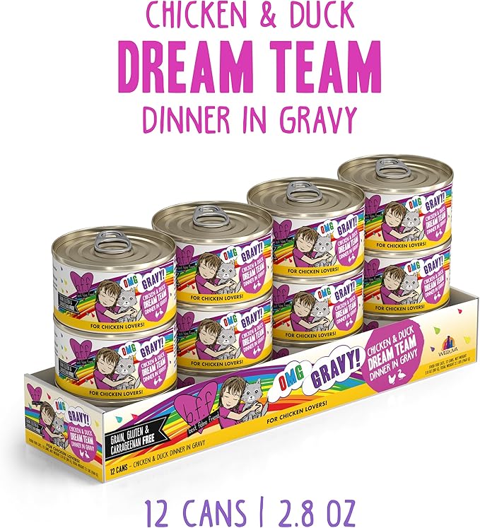 Weruva B.F.F. OMG - Best Feline Friend Oh My Gravy!, Chicken &amp; Duck Dream Team with Chicken &amp; Duck in Gravy, 2.8oz Can (Pack of 12)