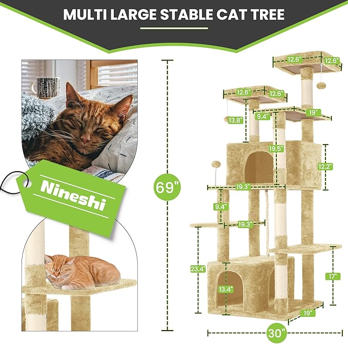 69in Large Cat Tree Tower for Indoor Cats with Soft Plush Hang Ball, Two Condos, Sisal Scratch Posts &amp; Rope Play for Kittens/Adult Cats, Beige