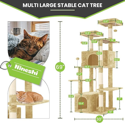 69in Large Cat Tree Tower for Indoor Cats with Soft Plush Hang Ball, Two Condos, Sisal Scratch Posts &amp; Rope Play for Kittens/Adult Cats, Beige