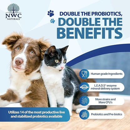 NWC Naturals Total-Biotics, Cat &amp; Dog Probiotics for Digestive Health with Prebiotic, Unflavored Probiotic for Dogs &amp; Cats, Supplement for Gut, Skin, Coat, Stomach Relief, 100 Servings, 2.22 Ounces
