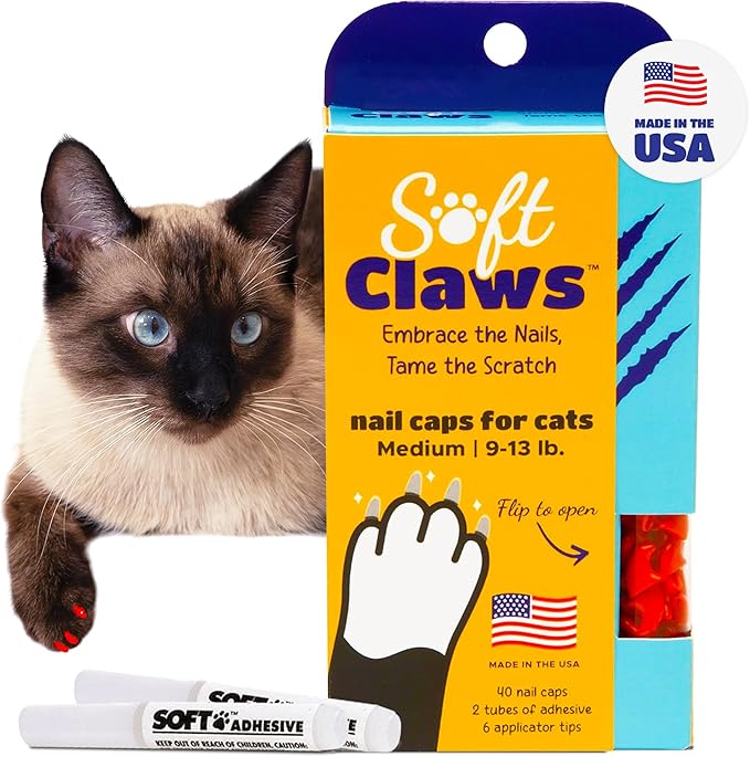 Soft Claws Cat Nail Caps for Medium Cats – (40 Caps, Red) - Made in USA - Veterinarian-Developed | Protects Furniture &amp; Skin - Easy to Apply, Long-Lasting Anti-Scratch Soft Cat Claw Covers.