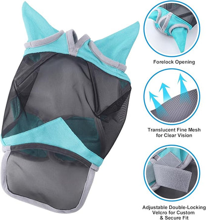 Horse Fly Mask with Ears &amp; Long Nose Cover | Forelock Opening for Tangle-Free Mane Care | UV Protection &amp; Breathable Mesh | No Rub Fit and Enhanced Visbility for Trail Riding Turquoise Pony