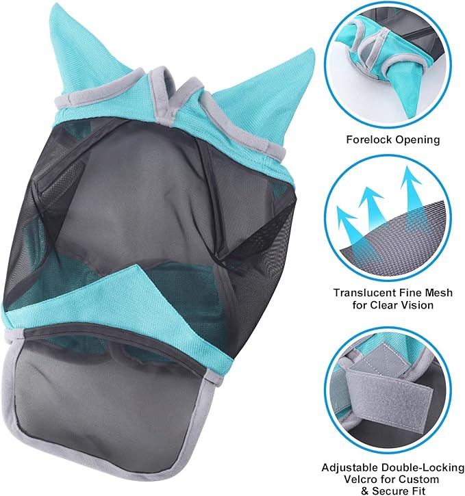 Horse Fly Mask with Ears &amp; Long Nose Cover | Forelock Opening for Tangle-Free Mane Care | UV Protection &amp; Breathable Mesh | No Rub Fit and Enhanced Visbility for Trail Riding Turquoise Full