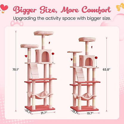 MWPO Cute Cat Tree, 70.1-Inch Tall Pink Cat Tower for Indoor Cats Large Adult, Multi-Level Cat Condo with 5 Scratching Posts, 2 Padded Perches, Hammock, Dangling Toys
