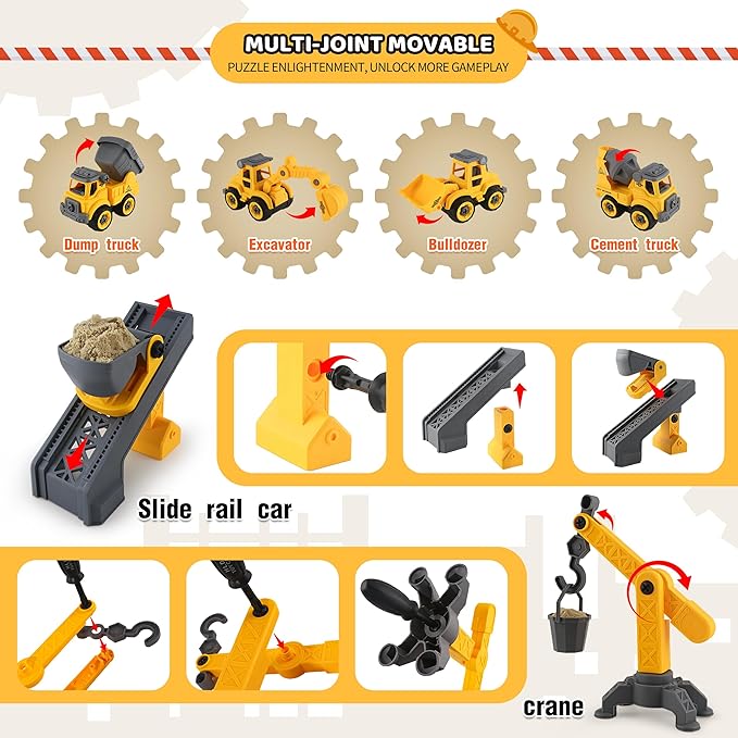 Asoxt 43-Piece Construction Sensory Playset – 2 lbs Play Sand, 4 DIY Trucks, Crane &amp; Road Signs – Creative Sandbox Toy for Kids Ages 3+