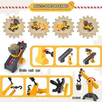 Asoxt 43-Piece Construction Sensory Playset – 2 lbs Play Sand, 4 DIY Trucks, Crane &amp; Road Signs – Creative Sandbox Toy for Kids Ages 3+