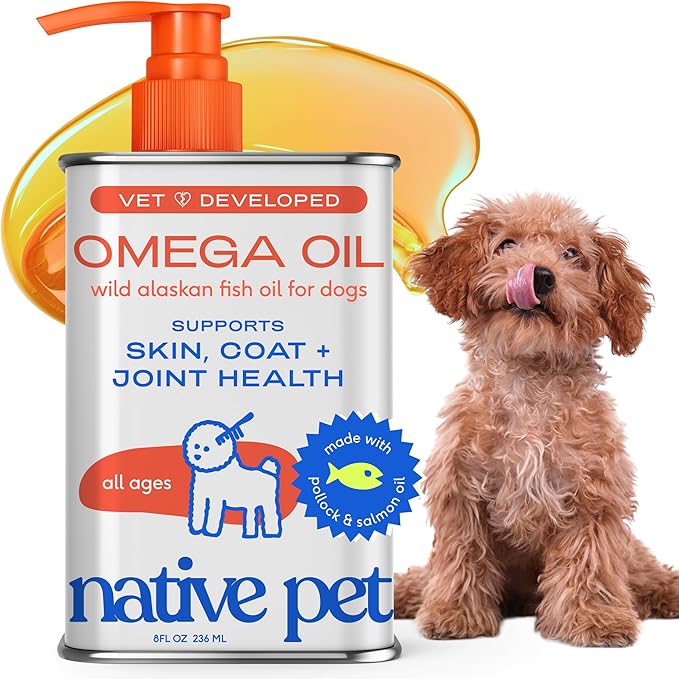 Native Pet Omega 3 Fish Oil for Dogs &amp; Cats - Promotes Healthy Skin, Shiny Coat, &amp; Strong Joints - Made with Wild Alaskan Salmon Oil for Dogs – Tasty, Fast-Absorbing Omega 3 6 9 Liquid Supplement- 8oz