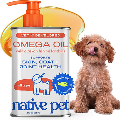 Native Pet Omega 3 Fish Oil for Dogs &amp; Cats - Promotes Healthy Skin, Shiny Coat, &amp; Strong Joints - Made with Wild Alaskan Salmon Oil for Dogs – Tasty, Fast-Absorbing Omega 3 6 9 Liquid Supplement- 8oz