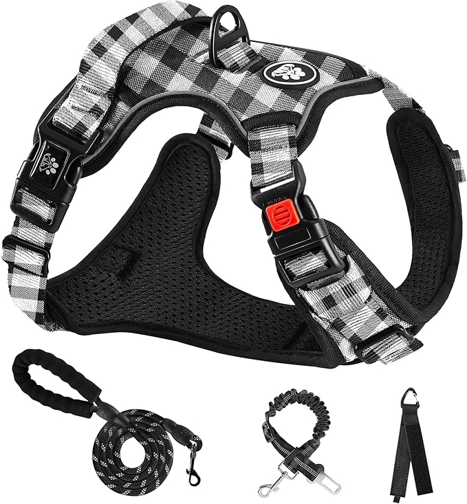 NESTROAD Dog Harness (Checkered Black,S) with Leash, Reflective, Adjustable, Soft Padded, Easy Control Handle, for Small Dogs, Front &amp; Rear Clip Design