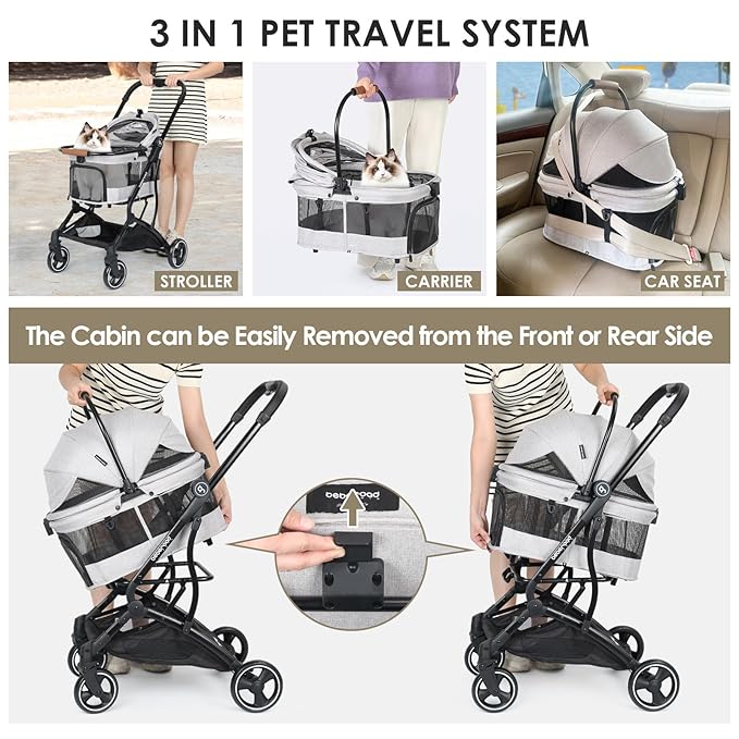T3 3 in 1 Small Pet Stroller for Dogs &amp; Cats, 4 Wheels for Dogs with Detachable Carrier with Pad, Canopy and Cup Holder, Grey