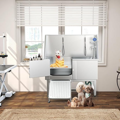 YITAHOME 50in Dog Grooming Tub Bathtub for Home 304 Stainless Steel Professional Dog Bath Washing Station w/Left Ramp, Faucet, Floor Grate for Large, Medium, Small Pets