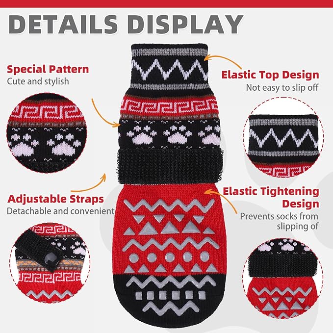 KOOLTAIL Dog Socks to Prevent Licking Paws for Hardwood Floors Anti Slip, Winter Warm Pet Boots&amp;Paw Protector with Grippers, Double Sides Dog Shoes Booties for Small Medium Large Senior Dogs Red S