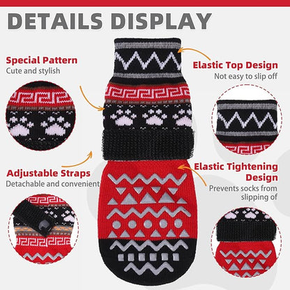 KOOLTAIL Dog Socks to Prevent Licking Paws for Hardwood Floors Anti Slip, Winter Warm Pet Boots&amp;Paw Protector with Grippers, Double Sides Dog Shoes Booties for Small Medium Large Senior Dogs Red S
