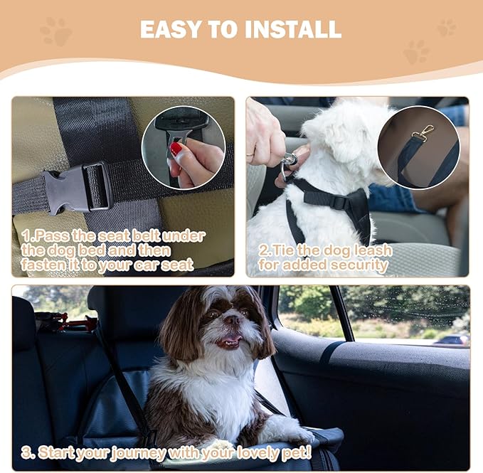 Dog Car Seat for Small Dogs, Large Leather Dog Car Bed with Storage Pocket, Waterproof PVC Leather Booster Seat Travel Bed for Front &amp; Back Seat, Clip-On Safety Leash (Green/Brown)